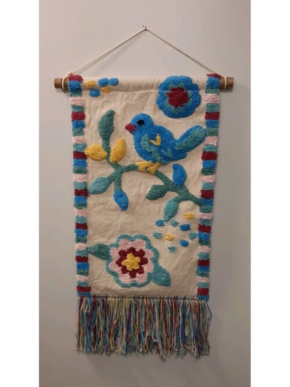Surya Textile Tapestry Hanging Wall Art Blue Bird Flower Fringe Boho 16 X 26 in